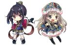  :d arms_up atelier atelier_(series) atelier_meruru atelier_totori black_boots black_gloves black_hair boots brown_hair capelet chibi detached_sleeves dress gloves gray_eyes grey_eyes hair_ornament hat long_hair mantle maromi_(am97) mimi_houllier_von_schwarzlang open_mouth ponytail purple_eyes shorts smile totooria_helmold 