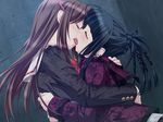  1boy 1girl 2girls black_hair brown_hair crossdressing eyes_closed female french_kiss hair_ornament hairclip hug kiss kissing lowres rain raining rui_wa_tomo_wo_yobu semimaru_izuru tongue tongue_kiss trap wakutsu_tomo yun_yenfei yuri 