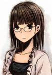  brown_eyes brown_hair expressionless face glasses highres okiru original short_hair simple_background solo 