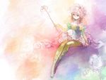  akr_et bare_shoulders boots brown_eyes brown_hair curly_hair flower full_body green_legwear lily_(flower) multicolored multicolored_rose pantyhose pink_flower pink_rose princess_white_rose rainbow_background rose saga saga_frontier short_hair sitting skirt solo white_flower white_rose 