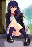  absurdres anus bag blue_hair duffel_bag hair_ornament hairclip highres kazuma_muramasa no_panties nude nude_filter pussy red_eyes school_uniform shoes sitting smile socks solo tennis_racket_case third-party_edit upskirt 