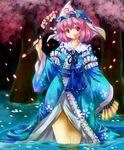  cowboy_shot fan folding_fan frills gohei hat long_sleeves looking_at_viewer michii_yuuki mob_cap petals pink_eyes pink_hair plant pon saigyouji_yuyuko solo touhou tree triangular_headpiece wading water 