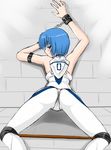  akanako ayanami_rei back blue_hair bondage bound_hands bound_legs handcuffs looking_back neon_genesis_evangelion oshiri plugsuit red_eyes restrained short_hair 