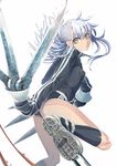  asymmetrical_hair ayaki blade blood blue_hair commentary_request cornrows highres jacket long_hair looking_back original scissors shoes simple_background sleeves_past_wrists sneakers solo toeblade weapon yellow_eyes 