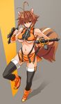  abs animal_ears antenna_hair bare_shoulders blazblue boots breasts highres large_breasts makoto_nanaya midriff miniskirt navel orange_skirt prime revealing_clothes revision skirt solo squirrel_ears squirrel_tail tail thigh_boots thighhighs tonfa underboob weapon wrist_guards 