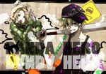  1girl bad_id bad_pixiv_id baseball_bat baseball_cap blonde_hair blue_eyes brother_and_sister goggles goggles_around_neck goggles_on_head hair_ornament hairclip hat kagamine_len kagamine_rin panda_hero_(vocaloid) short_hair siblings supaidaman twins vocaloid 