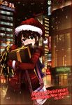  bag blush brown_hair building cameo christmas christmas_tree city coat gift green_eyes handbag hat holding holding_gift merry_christmas mittens original plaid plaid_skirt ran_ran_ru santa_costume santa_hat scarf scenery skirt snowing solo st06 touhou yagokoro_eirin yakumo_yukari 