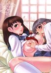  2girls after_sex bed breast_grab breasts brown_eyes brown_hair bukkake erect_nipples huge_breasts licking lying navel nipples oppai school_girl semen shirt_lift suckling sweat tagme tongue yuri 