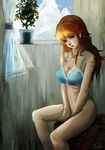  bad_id bad_pixiv_id bottomless bra breasts cleavage cloud day earrings food fruit jewelry large_breasts lingerie lips long_hair mandarin_orange nami_(one_piece) one_piece orange_hair sky solo tattoo underwear window zozo 