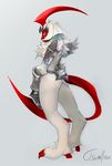  anthro armor breasts chest chest_tuft claws edit female fur hair nintendo pok&#233;mon pok&#233;morph pok&eacute;mon pok&eacute;morph red_eyes shiny shiny_pok&#233;mon short_hair side_boob solo tsampikos tuft video_games 