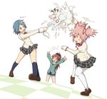  blue_eyes blue_hair cake checkered checkered_floor fang food food_on_face in_the_face kaname_madoka kyubey long_hair mahou_shoujo_madoka_magica miki_sayaka mitakihara_school_uniform multiple_girls official_style pie_in_face pink_eyes pink_hair ponytail red_eyes red_hair riai_(onsen) sakura_kyouko school_uniform short_hair thighhighs thumbs_up translated twintails 