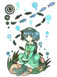  backpack bad_id bad_pixiv_id bag blue_eyes blue_hair boots fish full_body grass hair_bobbles hair_ornament hat itomugi-kun kawashiro_nitori key rock simple_background sitting solo touhou two_side_up underwater 