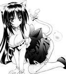  all_fours animal_ears arm_garter bare_shoulders bow breasts cat_ears cat_tail cleavage collar comic earrings gloves greyscale jewelry large_breasts leg_garter long_hair matra_milan miniskirt monochrome no_bra noihara_himari official_art omamori_himari panties ribbon scan skirt solo tail tail_bow underwear very_long_hair 