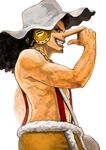  1boy abs black_hair goggles hat headphones lack long_nose male male_focus manly muscle one_piece shisyou_nankano simple_background solo standing suspenders topless usopp 
