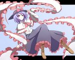  ascot bad_id bad_pixiv_id blouse boots bow capelet cross-laced_footwear daba frills hat hat_ribbon highres lace-up_boots letterboxed nagae_iku purple_hair red_eyes ribbon shawl short_hair smile solo touhou 