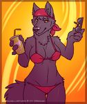  bandanna bikini breasts canine cleavage drink female looking_at_viewer neodokuro pinup red skimpy solo straw sunglasses wolf yellow_eyes 