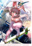  a-10_(artist) airplane animal_ears blue_eyes brown_hair building bunny_girl bunny_tail bunnysuit city cleavage daicon_iv fire flying gainax hairband jet kemonomimi missile open_mouth oppai pantyhose short_hair smoke tail tights usamimi wrist_cuffs 