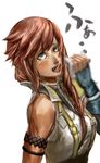  ahegao black_gloves blue_eyes crazy_eyes final_fantasy final_fantasy_xiii fingerless_gloves gloves houjicha lightning_farron long_hair looking_up pink_hair sidelocks simple_background solo white_background 