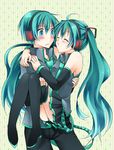  1girl ahoge aqua_eyes aqua_hair asagi_(seal47) blush carrying closed_eyes detached_sleeves genderswap genderswap_(ftm) hatsune_miku hatsune_mikuo headphones long_hair necktie panties princess_carry skirt striped striped_panties thighhighs twintails underwear very_long_hair vocaloid 