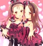  :d bare_shoulders black_legwear bow breasts brown_hair choker cleavage dress dual_persona grin hair_bow hair_ornament hairband heart heart_background highres idolmaster idolmaster_(classic) interlocked_fingers long_hair looking_at_viewer minase_iori multiple_girls one_eye_closed open_mouth outstretched_arm paruru_(loooooper) petticoat plaid plaid_bow plaid_dress sleeveless sleeveless_dress smile spaghetti_strap thighhighs wrist_cuffs 