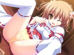 ;d blush breasts brown_eyes brown_hair chikotam clumsy deliverer! game_cg hair_ornament hair_ribbon highres japanese_clothes medium_breasts miko one_eye_closed open_mouth orange_panties panties pantyshot pantyshot_(sitting) ribbon ribbon-trimmed_legwear ribbon-trimmed_sleeves ribbon_trim short_twintails sitting smile solo spread_legs thighhighs twintails underwear wet white_legwear yufu_sumika 