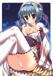  absurdres blue_eyes breasts chouun cleavage crescent_moon dress_pull finger_to_mouth hair_intakes hat highres koihime_musou medium_breasts moon nipples panties pulled_by_self red_eyes sesena_yau sitting solo star thighhighs underwear white_legwear white_panties 