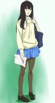  bag black_hair blush brown_eyes brown_legwear chiba_saori hourou_musuko legs long_hair open_mouth pantyhose paper sawa_jaaji school_bag school_uniform skirt solo sweater 