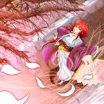  branch expressionless fan folding_fan foreshortening from_above gentle_wolf jacket japanese_clothes jitte kimono kotohime long_hair looking_up obi red_eyes red_hair sandals sash sidelocks solo tabi touhou touhou_(pc-98) weapon wide_sleeves 