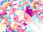  blonde_hair blue_eyes chime_milhawks game_cg gloves long_hair long_sleeves multiple_girls navel one_eye_closed panties pose primary_~magical_trouble_scramble~ sharon_elfina skirt smile striped striped_panties tail thighhighs tsurugi_hagane twintails underwear wand 