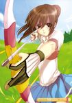  archery arrow bow_(weapon) brown_eyes brown_hair cloud gloves grass long_hair ponytail shirt skirt sky sports 