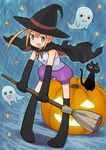  animal black_thighhighs broom cape cat ghost green_eyes halloween hashi hashi_(gururinko) hat jack-o&#039;-lantern night open_mouth orange_hair pumpkin short_sleeves sky sleeveless smile star stars thigh_boots thighhighs witch_hat 