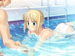  ahoge bikini blonde emiya_shirou fate/hollow_ataraxia fate/stay_night game_cg green_eyes mizugi oshiri pool ribbon saber swimming takeuchi_takashi 