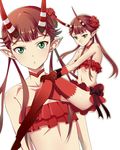  bow brown_hair c_(control) choker green_eyes hair_ornament horns kisugi_akira legs long_hair long_legs mashu_(control) midriff navel pointy_ears simple_background strapless thighhighs thighs tubetop 