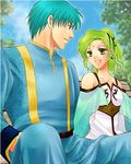  aqua_eyes aqua_hair belt bench circlet couple dress elbow_gloves ephraim eye_contact fire_emblem fire_emblem:_seima_no_kouseki fire_emblem_sacred_stones gloves green_eyes green_hair happy l&#039;arachel l'arachel long_sleeves looking_at_another open_mouth ponytail prince princess sitting sky smile tree 