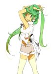  arms_up bad_id bad_tumblr_id green_hair grin hands_in_hair highres long_hair long_ponytail midriff niwa original short_shorts shorts smile solo thighhighs v very_long_hair white_legwear yellow_eyes 