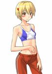  armpits blonde_hair blush bra flat_chest hair_ornament hairclip katsuragi_yako lingerie majin_tantei_nougami_neuro midriff mosha navel orange_eyes short_hair solo sports_bra underwear 