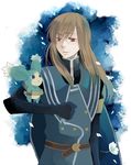  belt brown_hair coat creature flower glasses gloves jade_curtiss long_hair male_focus mieu mikimaro red_eyes smile tales_of_(series) tales_of_the_abyss 