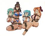  4girls barefoot bdsm blue_hair bondage bound breasts cleavage cloth_gag divergence_eve femsub gag gagged green_hair improvised_gag kiri_marialate kureha_misaki luxandra_frail multiple_girls over_the_mouth_gag suzanna_bluestein swimsuit 