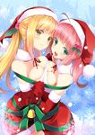  :d ahoge bare_shoulders bell blonde_hair breast_press breasts brown_eyes christmas cleavage elbow_gloves gintarou_(kurousagi108) gloves green_eyes hat holding_hands long_hair looking_at_viewer marin_(umi_monogatari) medium_breasts multiple_girls open_mouth pink_hair red_gloves ribbon santa_hat smile snowflakes symmetrical_docking symmetrical_hand_pose umi_monogatari urin_(umi_monogatari) yellow_eyes 