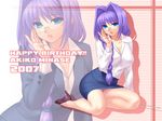  braid business_suit formal glasses hair_intakes hair_over_shoulder highres kanon minase_akiko pencil_skirt purple_hair single_braid skirt skirt_suit solo suit teacher wallpaper zen 