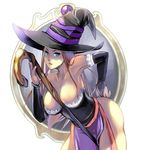 bad_id bad_pixiv_id bent_over blue_eyes breasts brown_hair cleavage detached_sleeves dragon's_crown dress hand_on_ass hat large_breasts long_hair miso_katsu side_slit solo sorceress_(dragon's_crown) staff strapless strapless_dress witch_hat 