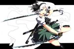  ascot black_hairband blue_eyes dress dress_shirt dual_wielding ghost green_dress hair_ribbon hairband hitodama holding itoo katana konpaku_youmu konpaku_youmu_(ghost) letterboxed open_mouth ribbon scabbard sheath shirt silver_hair skirt smile solo sword tassel touhou vest weapon white_hair 