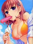  bare_shoulders bikini breasts cleavage day food ginta hair_ornament hairclip haruse_uta highres ice_cream ice_cream_cone jpeg_artifacts large_breasts nail_polish polka_dot polka_dot_bikini polka_dot_swimsuit popsicle purple_eyes red_hair sexually_suggestive solo strap_gap sugar+spice! swimsuit tongue 