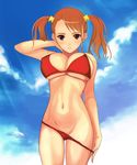  anjou_naruko ano_hi_mita_hana_no_namae_wo_bokutachi_wa_mada_shiranai. bad_id bad_pixiv_id breasts brown_eyes brown_hair highres huge_breasts kamimiya long_hair slender solo swimsuit_pull twintails 