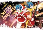  1girl :d antlers blue_eyes blue_hair blue_nails boots brown_footwear capelet christmas coat dress dual_persona earmuffs fur_trim genderswap genderswap_(mtf) guitar hat horns instrument kaiko kaito merry_christmas microphone music nail_polish open_mouth pom_pom_(clothes) santa_costume santa_hat scarf short_hair singing smile striped striped_scarf thighhighs verus vocaloid white_legwear yellow_scarf 