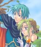  aqua_eyes aqua_hair armor blush cape circlet couple dress elbow_gloves ephraim fire_emblem fire_emblem:_seima_no_kouseki fire_emblem_sacred_stones gloves green_eyes green_hair hand_on_head holding l&#039;arachel l'arachel leaf leaves love lowres open_mouth ponytail prince princess serious short_hair shy staff surprise surprised tree 