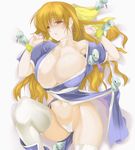  blush breasts brown_eyes bursting_breasts choker cleavage dead_or_alive g-string highres huge_breasts kasumi_(doa) kunai long_hair mokomoko_yanakku orange_hair panties pinned solo thighhighs thong underwear weapon 