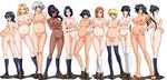  11girls 6+girls arms_folded belly belly_hold black_hair black_stockings blonde breasts brownie curvaceous dark_skin erect_nipples fat_mons folded_arms hands_on_hips happy huge_breasts kagami_(artist) large_breasts long_hair megane navel nipples nude open_mouth oppai orange_hair pettanko ponytail pregnant purple_hair red_hair sandals shoes short_hair silver_hair smile smug stockings tagme tattoo twin_tails vagina white_stockings wide_hips yuri 