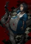  alice:_madness_returns alice_(wonderland) alice_in_wonderland american_mcgee's_alice apron blood brown_hair card_knights dress green_eyes guro highres jewelry jupiter_symbol knife long_hair necklace weapon 