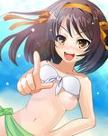  bikini blush breasts brown_eyes brown_hair green_sarong hair_ribbon iwanishi laughing medium_breasts nipples pointing pointing_at_viewer ribbon sarong solo suzumiya_haruhi suzumiya_haruhi_no_yuuutsu swimsuit wardrobe_malfunction 